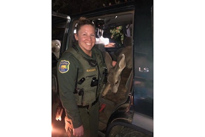 The Butte County Sheriff's Office posted on social media an image of one of the agency's deputies with a wild deer in the back of a vehicle at a traffic stop.