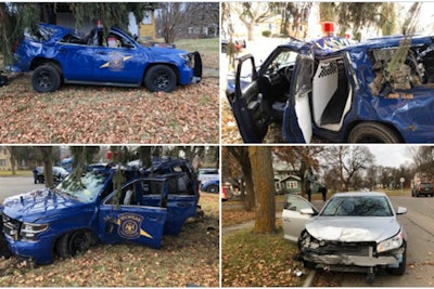 A trooper with the Michigan State Police was injured in a rollover crash as he was responding to a call for service on Tuesday.