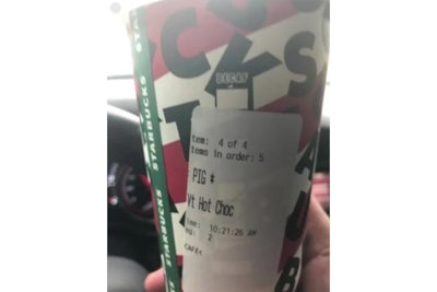 When an officer in Oklahoma ordered coffee for the dispatchers at his department on Thanksgiving, all the cups were delivered with the word 'pig' printed on them.
