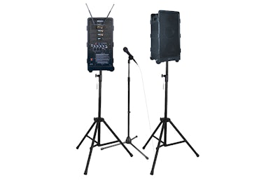 The AmpliVox SW925-96, shown with optional additional speaker, mic stand, and tripods.