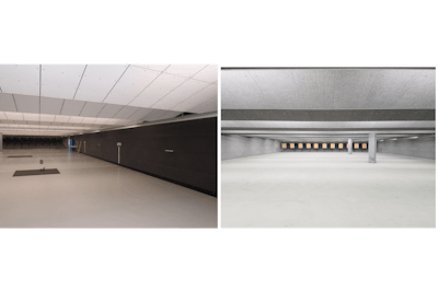 These photos show before and after images of the Portland (OR) Police Department range that Troy Acoustics outfitted with acoustics solutions.