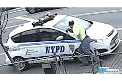 A man is caught on video attacking a parked NYPD vehicle.