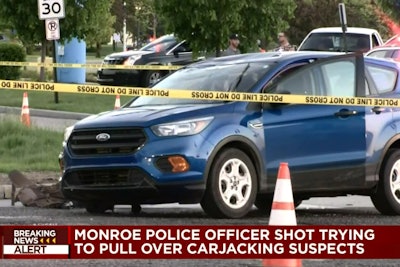 An officer with the Monroe (MI) Police Department was shot twice at a traffic stop on Sunday evening as she attempted to conduct a traffic stop of a vehicle suspected to have been carjacked earlier in the day.