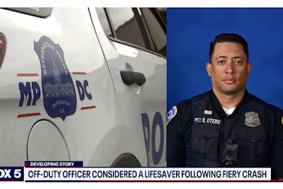 Officer Reinaldo Otero used crowbar in his vehicle to pull the door open on the burning pickup truck and pull the driver to safety and then used his department-issued handheld radio to call the incident in to the Montgomery County (MD) Police Department.