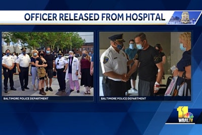 Officer Brian Burke was greeted outside the hospital by his family, dozens of fellow officers, and a group of civilian police supporters as he got into a vehicle and made his way home to recover from his wounds.