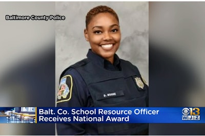 Officer Danielle Moore with the Baltimore County Department has been recognized with the 2020 National Association of School Resource Officers' Floyd Ledbetter National School Resource Officer of the Year Award.