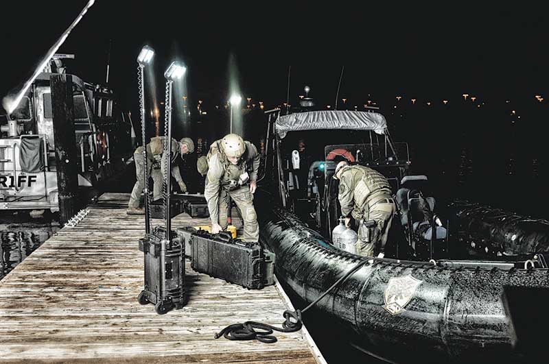 Pelican’s 9460 remote area light is built on one of the company’s plastic cases. The battery-powered lighting system features telescoping pole lights with LED lamp heads that each produce 6,000 lumens.