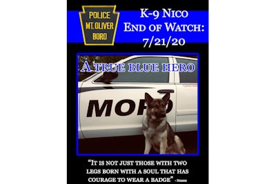 The Mt. Oliver (PA) Police Department are mourning passing of K-9 Nico on its Facebook page.