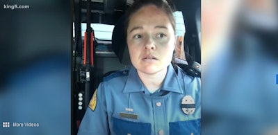 Washington State Police Trooper Jessica Schob responded to calls about a driver going the wrong direction on a state highway on Friday afternoon, using her patrol vehicle to slow down other drivers and then collided head-on with the wrong-way driver. (Photo: King 5 Screen Shot)