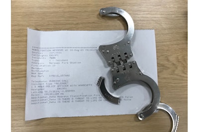 An officer in Northamptonshire—a city in central England—had to have firefighters snip him out of a jam involving his own handcuffs early Tuesday.