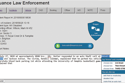 Nuance’s new cloud-based Dragon Professional Anywhere gives law enforcement officers the ability to create reports and take notes on computers and mobile devices in the field. (Photo: Nuance)