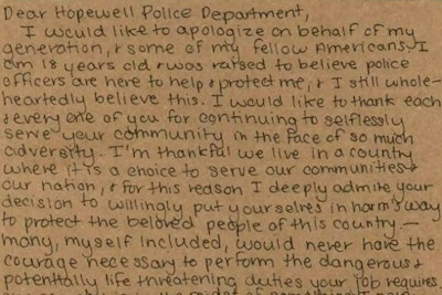 A teenager in West Virginia recently sent a hand-written letter of thanks to the members of the Hopewell Police Department.