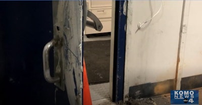 Seattle rioters reported tried to seal the doors to a precinct and burn it with officers inside Monday. (Photo: KOMO Screen Grab of Police Video)