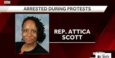 Kentucky state Rep. Attica Scott was booked Thursday evening on one count of unlawful assembly, one count of failure to disperse and one count of riot in the first degree. (Photo: WLKY Screen Shot)