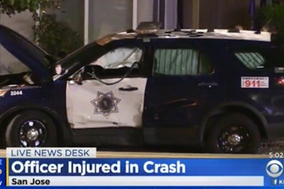 An officer with the San Jose (CA) Police Department was injured when a driver ran through a stop sign and slammed into his patrol car.