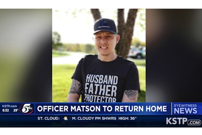 Officer Arik Matson has been undergoing treatment and rehabilitation at Nebraska medical facility sine being shot in the head in January. He now returns home to Minnesota.