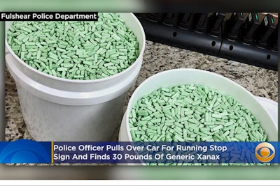 An officer with the Fulshear City Police Department stopped the vehicle for a minor traffic violation. Upon investigation, the officer discovered a haul of 30 pounds of illegal Alprazolam (the generic form of Xanax) with an estimated street value of up to $645,000.