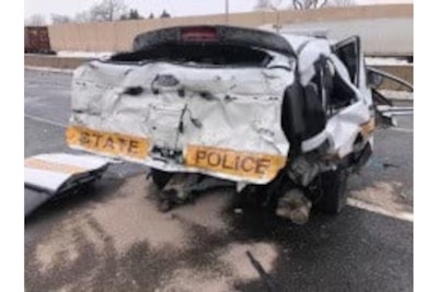An Illinois State Police trooper was serious injured when his vehicle was struck while he was working a crash scene Monday. (Photo: ISP/Facebook)
