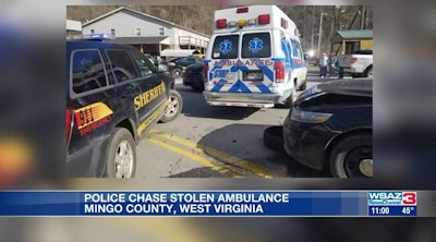 The Mingo County Sheriff's Office says a man stole an ambulance in Kentucky and drove it into West Virginia, leading deputies on a 20-minute pursuit. (Photo: WSAZ screen shot)