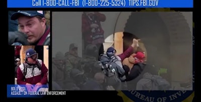 Screen shot from FBI video of attack on officers during Capitol riot.