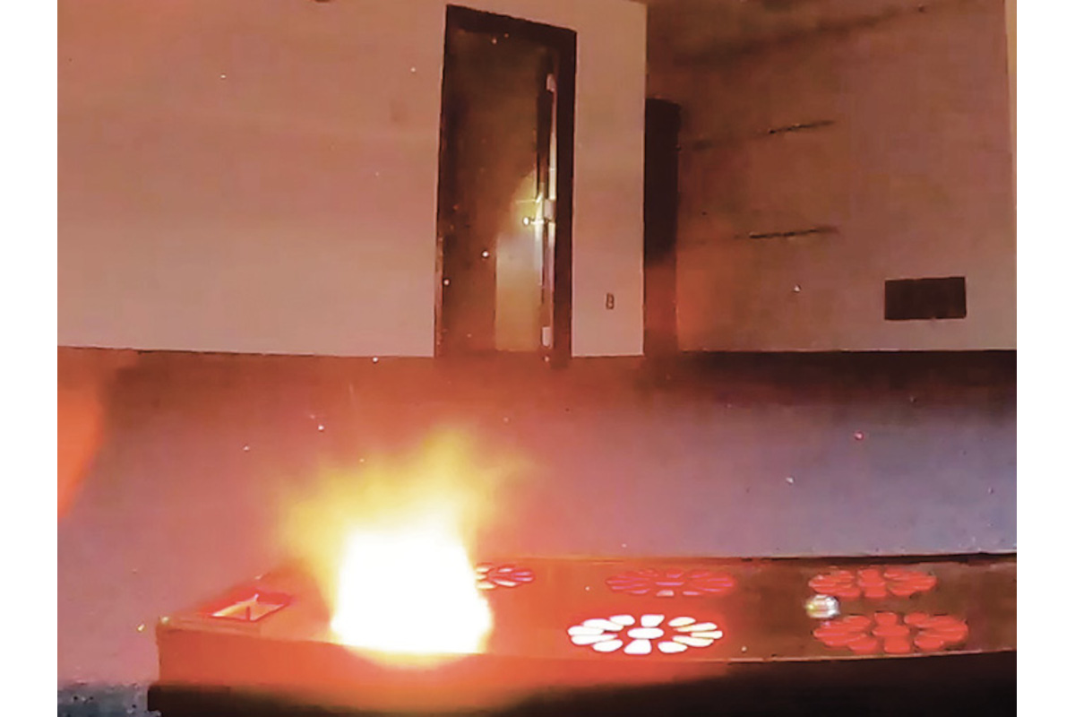 “Muzzle blast” from Scenario Trainer’s gunShot Box shown in operation during an active shooter exercise. The system produces realistic gunfire sounds with no cartridges, combustibles, or speakers. It uses the same principles as thunder to make the boom.