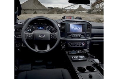 The interior of the 2021 Ford F-150 Police Responder has been upgraded from the 2017 model. Features include an 8-inch touch screen for the Sync 4 system. Upfitting is made easier by the design of the front console, the top tray on the instrument panel, and the rear power lug.