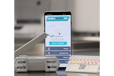 The MobileDetect Bio (DetectaChem) BCC19 COVID testing system includes the testing reagent, swabs, saline, PCR strips, and the thermal cycler for heating the material. A yellow result is positive and red is negative. It works with the MobileDetect app for documentation.