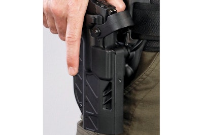 The Level 3 retention model of Gould & Goodrich’s T.E.L.R. holster features a hood that the wearer disengages with their thumb. They then can disengage the ejection port lock as they draw.