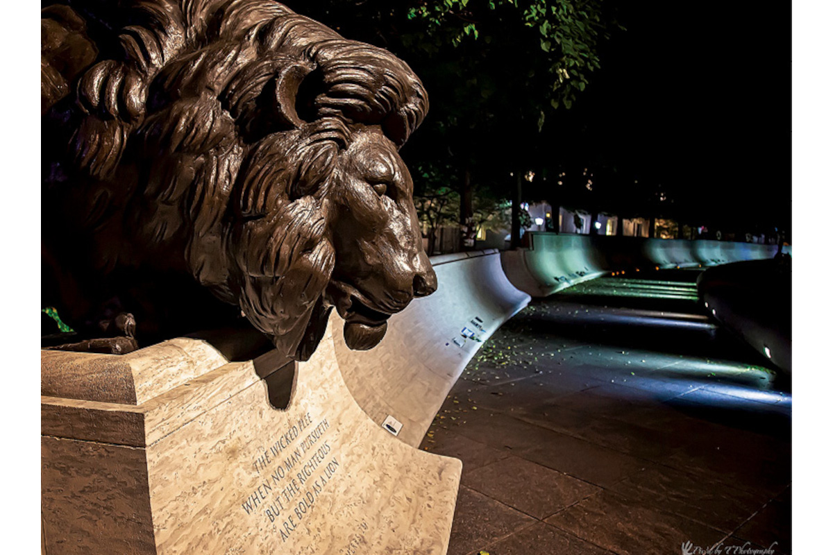 This is the East Wall lion at the National Law Enforcement Officers Memorial just prior to midnight. The Wall is empty of tributes compared to previous years. Usually, the Memorial is crowded with police and supporters during Police Week.
