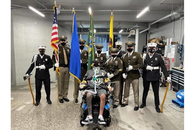 Officer Shay Mikalonis, who was shot in the head last summer, was honored at a charity hockey game by the Las Vegas Metro Honor Guard. (Photo: Facebook)