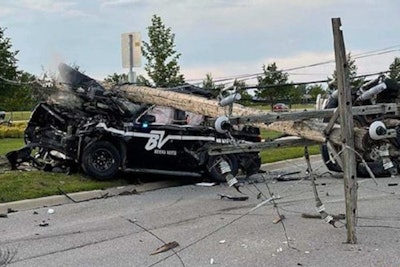 A Buena Vista Township (MI) Police officer was injured in this crash Tuesday. The stationary police vehicle was reportedly hit by the vehicle of an armed robbery suspect fleeing state troopers. (Photo: Buena Vista Township PD/Facebook)