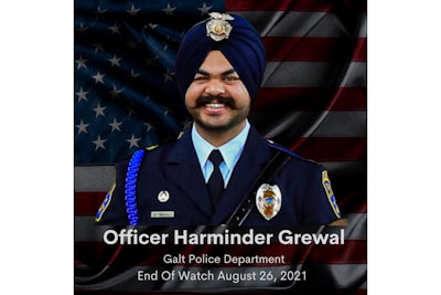 Galt (CA) Police Department Officer Harminder Grewal died Thursday from injuries he sustained in an on-duty car crash on Sunday, Aug. 22.