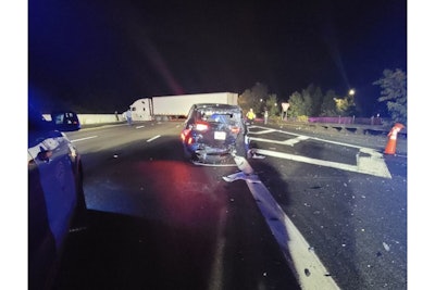 A Massachusetts State Police trooper was injured Tuesday night when his patrol vehicle was struck by a tractor-trailer truck on I-95. (Photo: MSP)