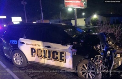 A Porter, IN, officer was seriously injured in a head-on crash with a kidnapping suspect Saturday night. (Photo: Indiana State Police)