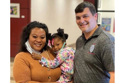 Patrolman First Class Jerrid Riley was surprised this week when McKenna Delarosa and her mother stopped by the station. Riley saved the little girl from choking in 2019. (Photo: North Charleston PD)