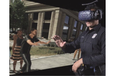 Officer wearing the headset for the InVeris VR-DT training system with example of the kinds of images you can interact with during training.