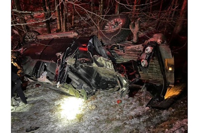 A German shepherd running on the highway led New Hampshire officers to the site of this crash scene where his owner was seriously injured. (Photo: New Hampshire SP/Facebook)