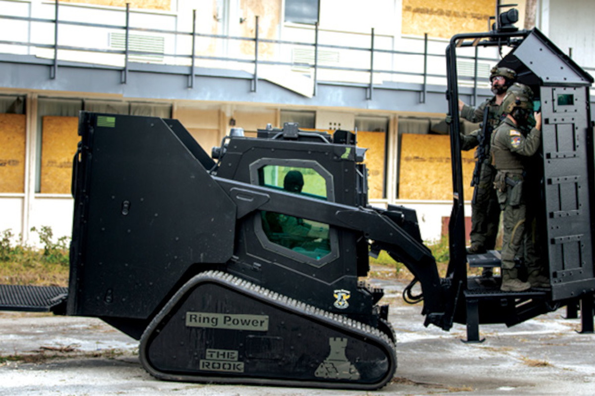 The Rook, by Ring Power Tactical Solutions, transports officers on the Armored Deployment Platform (ADP), one of several mission-specific attachments available. The ADP offers NIJ Level IV protection against rifle fire.