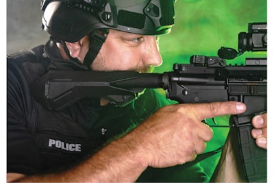The Valiant Dynamics’ EvolvR Combat Stock makes it easier for officers who wear exterior vest carriers or tactical armor to achieve a proper shooting position when using a long gun. The EvolvR fits on the buffer tube and features an eight-position rotating butt-pad so that shooters can choose their preferred setting.