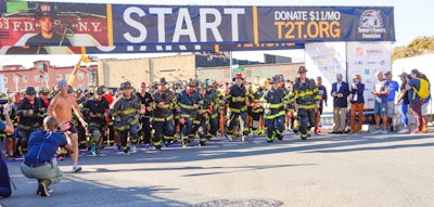 Firefighters and other runners start the 5k Tunnel to Towers Run that memorializes the route NYFD Firefighter Stephen Siller ran while responding to the attack on the World Trade Centers. He lost his life that day, but his family founded the Tunnel to Towers Foundation and it provides mortgage-free homes for the families of first responders who are killed in the line of duty.