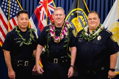 Retired Adjutant General of the Hawaii National Guard Arthur “Joe” Logan (center) was sworn in alongside his deputy chiefs, former Interim Chief Rade Vanic and Keith Horikawa, on Tuesday. (Photo: Honolulu PD)