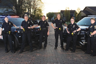 Women officers are growing in the ranks in Noblesville, IN, where Deputy Chief Shannon Trump, shown at far right, is leading the department’s focus on achieving the 30x30 Pledge. The Noblesville Police Department is currently in Phase 2 of the inititive and has nine sworn female officers among the 96 total officers on staff. (Photo: Noblesville PD)