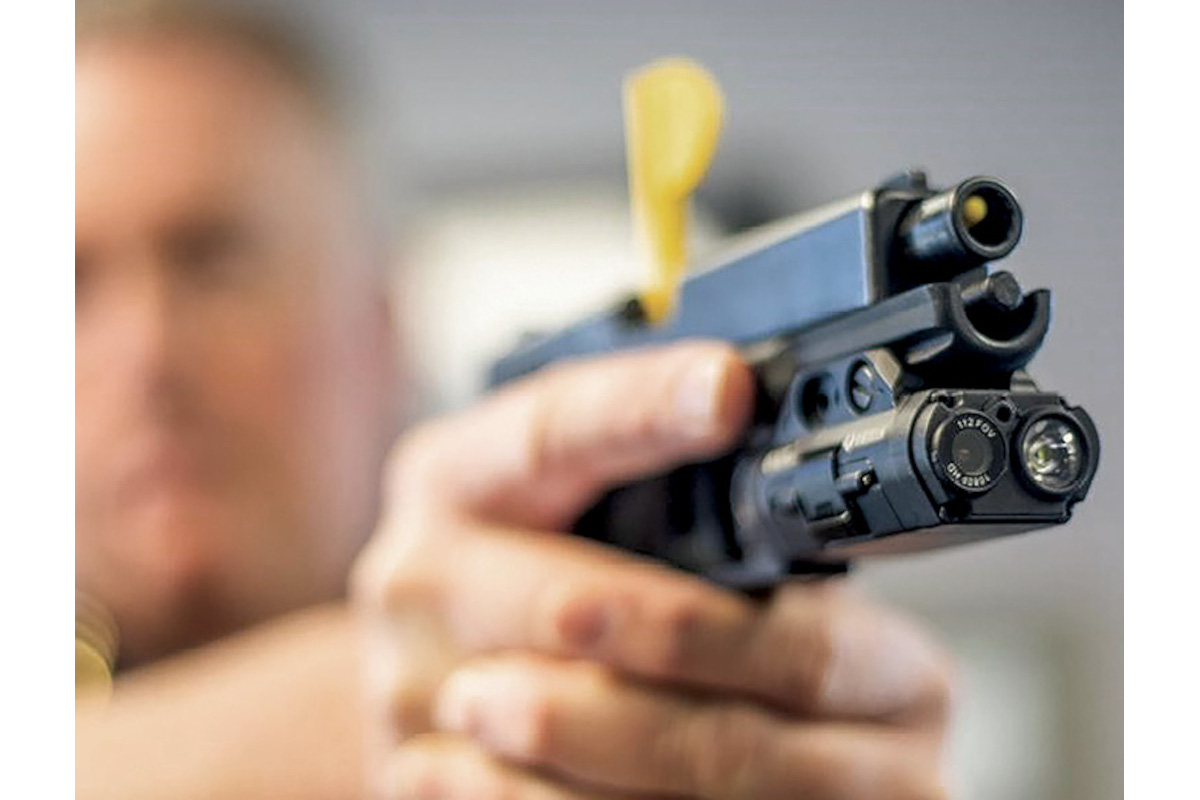 Viridian Fact Duty+ weapon-mounted camera fitted on duty weapon. The camera has a 112-degree field of view and captures 1920 x 1080 HD video at 30 frames per second. There is an integrated microphone for recording HD audio. (Photo: Viridian Weapon Technologies)