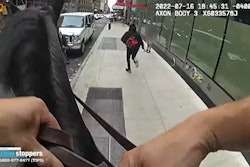 Body-worn camera video released by the NYPD shows a mounted officer pursue a theft suspect fleeing through Times Square.