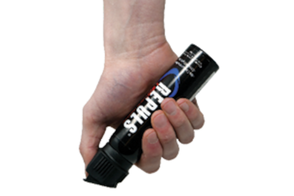 Designed originally as an active shooter response tool, Repuls is now being marketed to law enforcement agencies as an officer defense spray. The canisters fit standard police spray holsters.