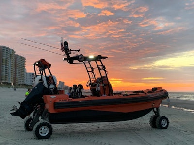 The North Myrtle Beach Rescue Squad’s new 23-foot Rigid Hull Inflatable Boat (RHIB) amphibious search and rescue boat uses Ocean Craft Marine’s proprietary four-wheel-drive amphibious land mobility system.