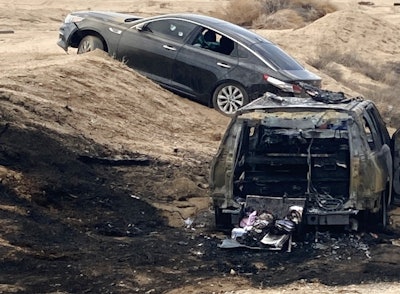 A San Bernadino Sheriff’s Office K9 patrol vehicle caught fire at the end of a pursuit Thursday. Deputies acted quickly to rescue the dog from inside the vehicle.