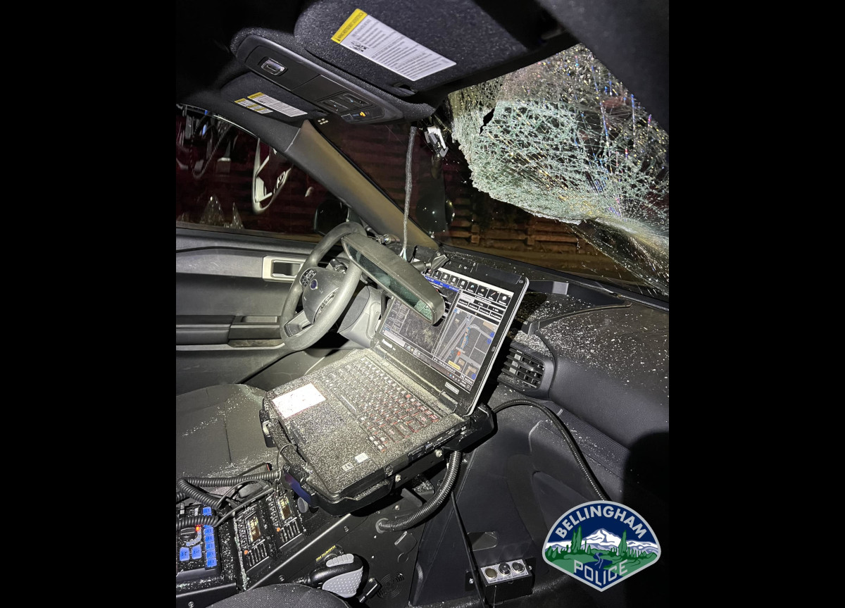 The large piece of railroad tie shattered the windshield and left the inside of the patrol SUV covered in broken glass.