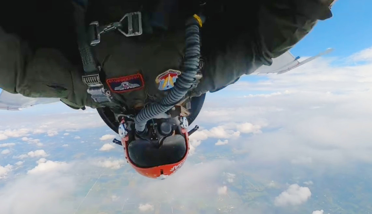 Sgt. Bobbie King is shown inverted during a roll while flying with he USAF Thunderbirds.