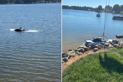 A retired police saver the driver of this convertible after it plunged into Lake Norman in Mooresville, NC, on Wednesday. (Photo: Mooresville Fire-Rescue)
